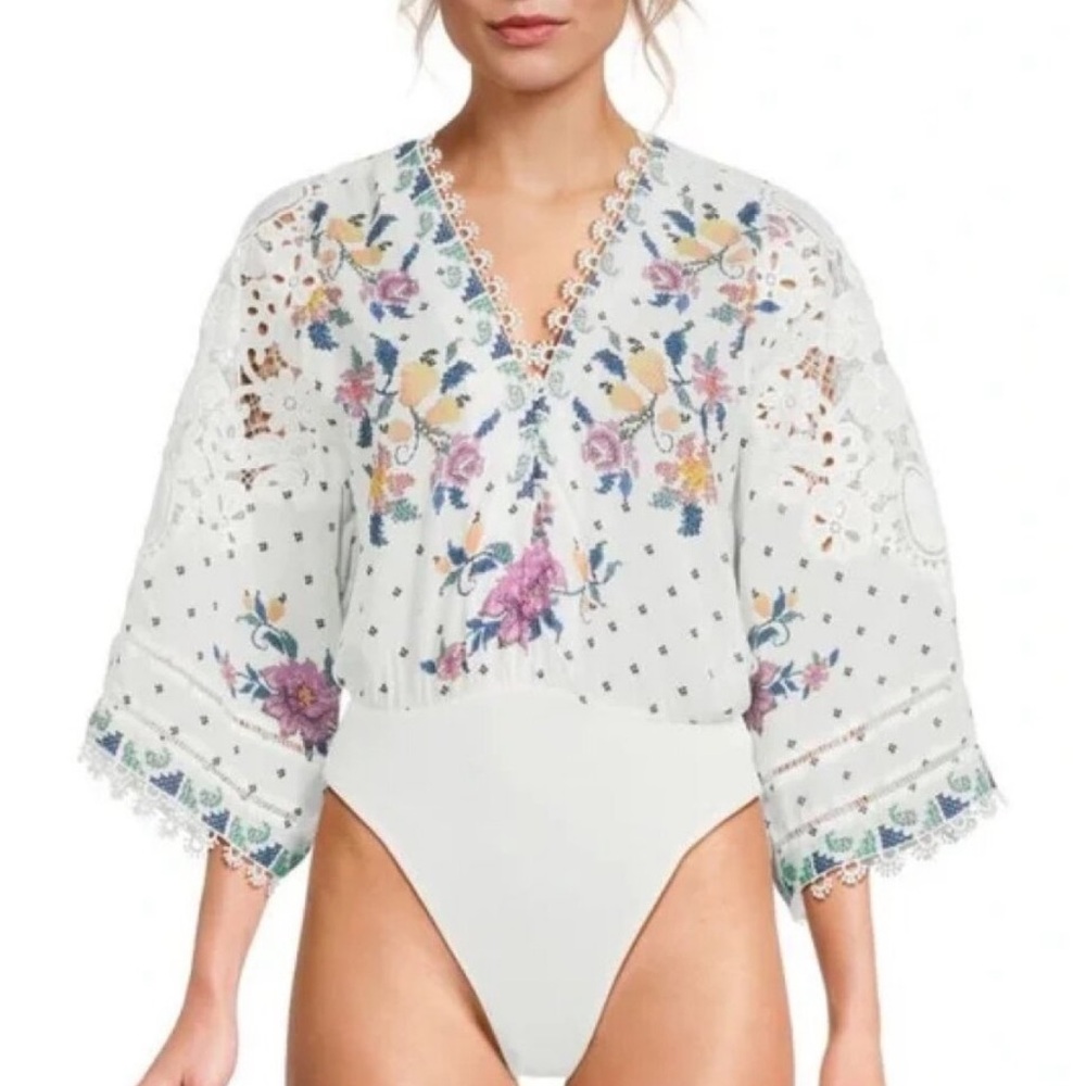 Farm Rio Floral Embroidered White Bodysuit